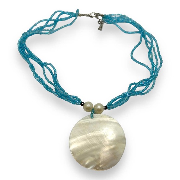 Handmade Shell and Blue Seed Bead Necklace Boho Natural Hippie - Picture 1 of 3